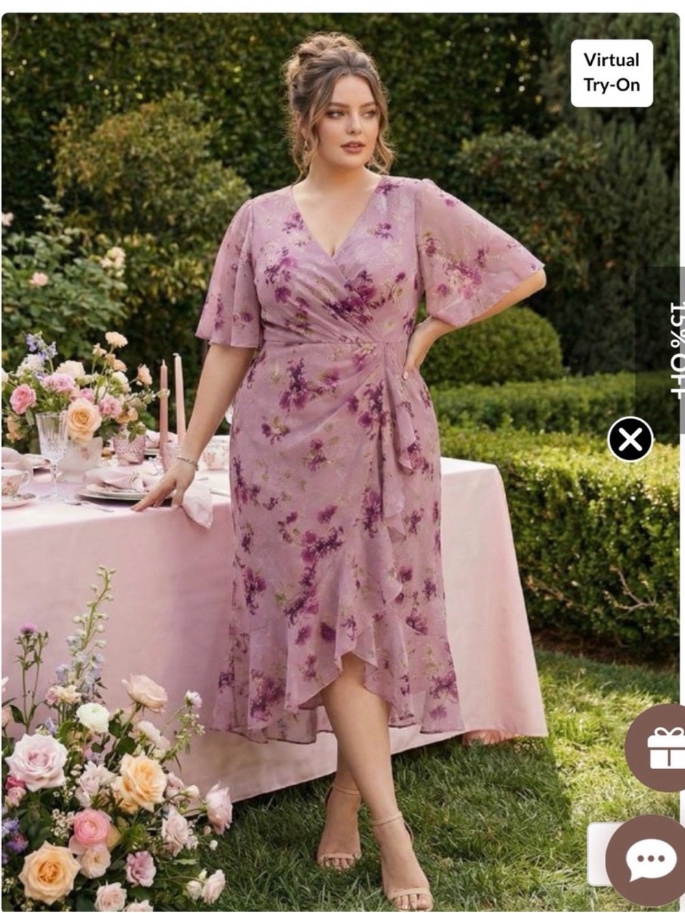 Plus Floral Wrap Midi Dress in Lavender Pink